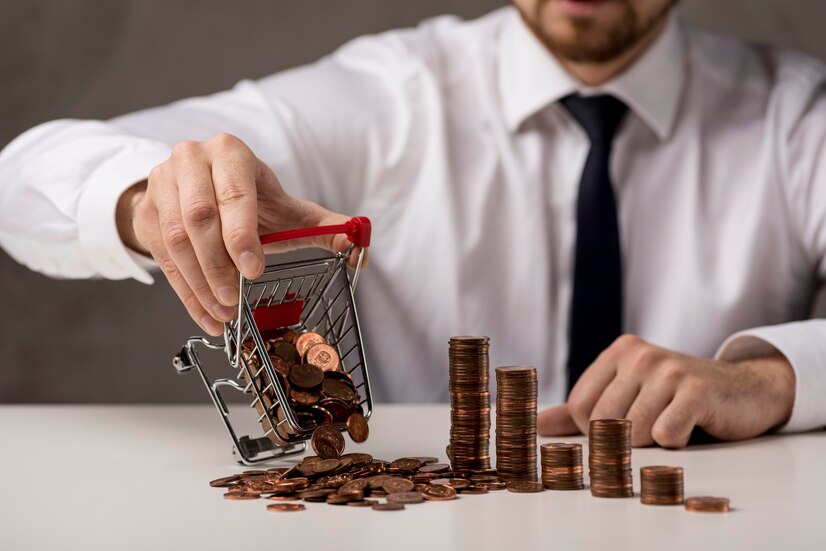 Front View Businessman Spilling Shopping Cart Coins 23 2148569081 1 1