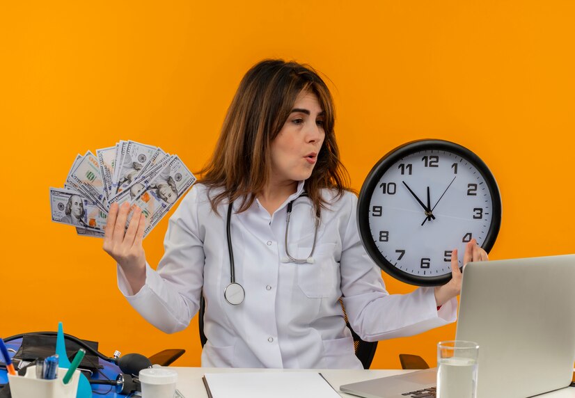 Impressed Middle Aged Female Doctor Wearing Medical Robe Stethoscope Sitting Desk With Medical Tools Clipboard Laptop Holding Clock Money Looking Clock Isolated 141793 68991